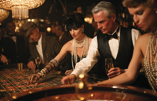 Gatsby-era gaming salon with vintage roulette wheel, mahogany card tables, decorative wrought iron railings, and amber glow from Tiffany-style pendant lamps