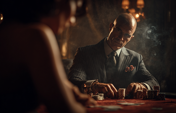 High-stakes 007 private gaming room with secure glass partitions, precision-focused downlighting on felt tables, and subtle gunmetal grey architectural details