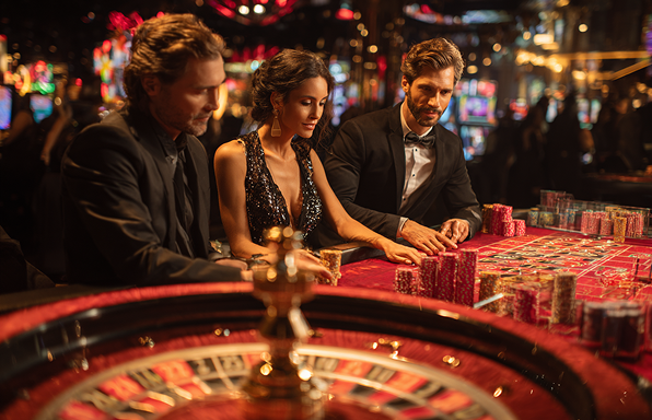 Las Vegas style high-limit lounge with color-changing LED installations, polished chrome finishes, plush modular seating, and dramatic floor-to-ceiling light columns