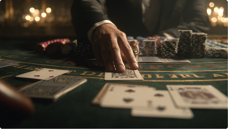 Professional Blackjack table with curved green felt, dealer's position showing ace and king cards, player betting circles filled with chip stacks, and score display showing hand totals