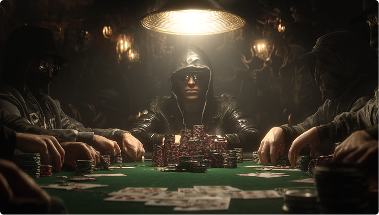 Intimate poker table with rich green felt, community cards spread face-up, colorful chip stacks in various denominations, and players' hands resting near their cards in contemplative poses