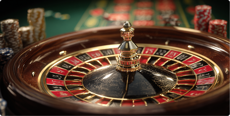 Classic European Roulette wheel with polished wooden frame, alternating red and black numbered pockets, chrome spindle, and silver ball resting in winning slot as players watch intently