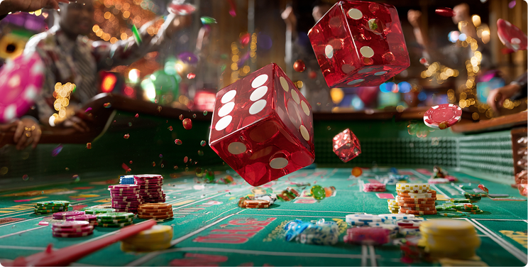 Lively craps table with detailed betting layout, colorful chip stacks lined up, pair of white dice mid-roll, and players gathered around in excited anticipation