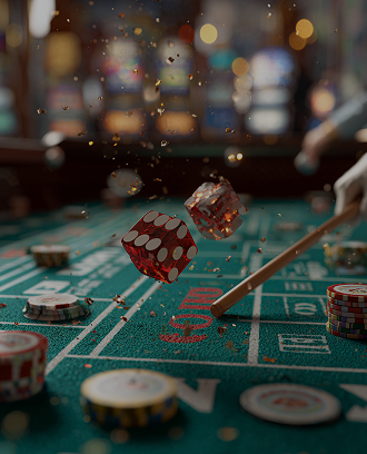 Dynamic Craps table with complex betting layout, pass line and odds sections, colorful chip racks, and pair of dice ready for the next roll