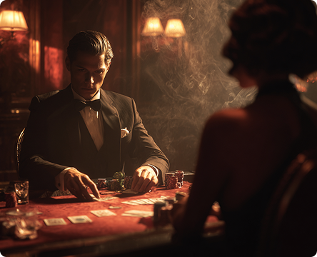 Dramatic monochrome lighting illuminates a roulette table in this sophisticated James Bond 007 interior featuring sharp geometric patterns and shadowy corners