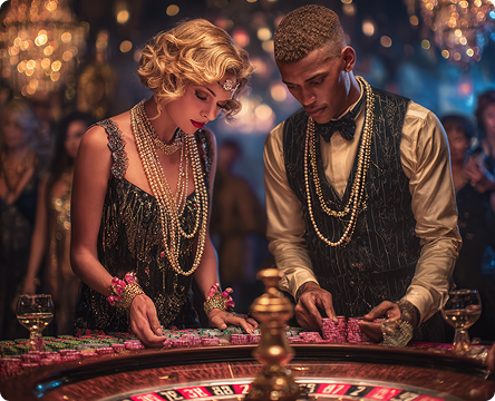 Crystal chandeliers cast warm champagne-gold light over intricate art deco geometric patterns and lavish velvet furnishings in this Great Gatsby Jazz Age design